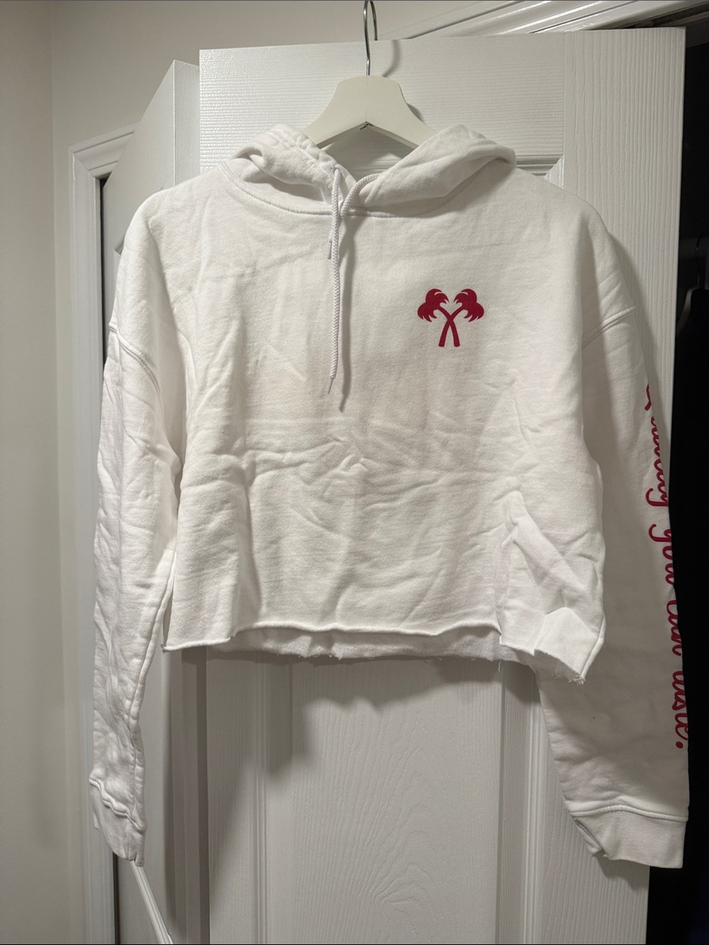 In n out burger White Cropped Hoodie Sweatshirt with Pink Palm Logo